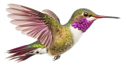 Fototapeta premium Vibrant Hummingbird in Flight with Iridescent Feathers Against a Clean White Background