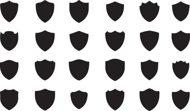 Shield icon. Heraldic shield set. Black knight award contours and linear signs. Protect shapes silhouette. Vector illustration