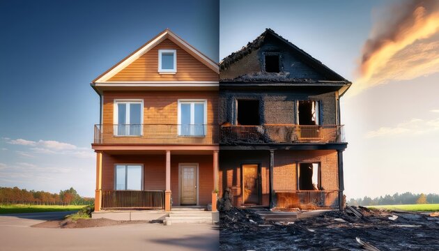 Home Before and After Fire Damage - Contrasting images; symbolizes loss, destruction, recovery, resilience, and insurance.