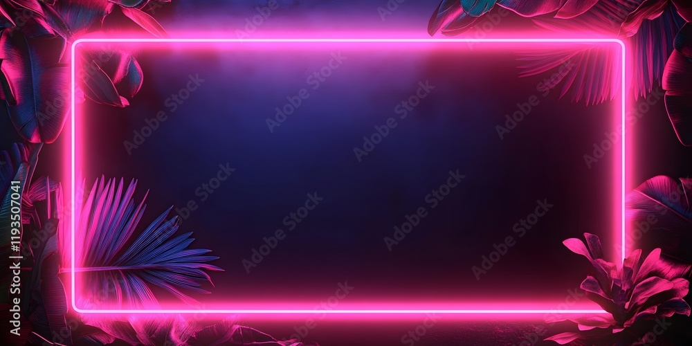 Fototapete neon frame sign in the shape of a rectangle with tropical leaves and copy space, generative ai