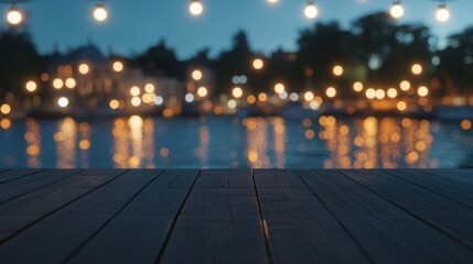 Dark wooden planks overlooking a calm, night water scene with blurry lights.