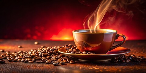 Happy Monday Coffee: Aromatic Brew on Red Background - Top View Stock Photo
