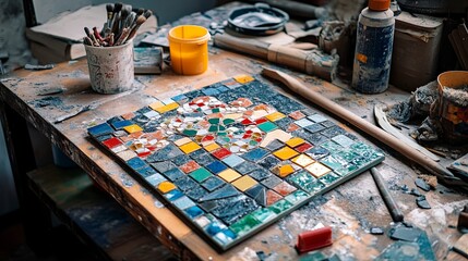 A mosaic art setup with tiles, glue, and a pattern partially completed