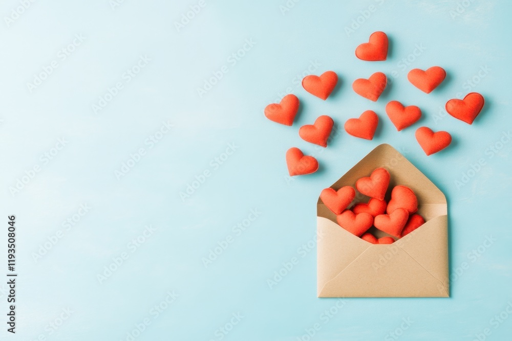 Poster red hearts flying out of an open envelope on a light blue background, in a flat lay composition gene