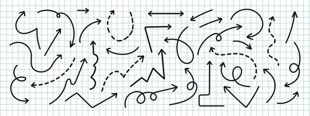 Set of simple lines hand drawn black arrows in various style on a checkered background. Vector illustration.