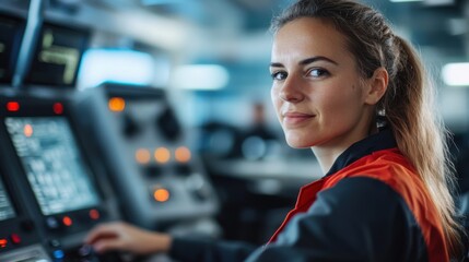 Confident Young Woman Operating Control Room Machinery with Advanced Technology and Equipment