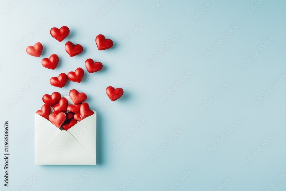 Poster valentine's day concept, flat lay of red hearts flying out from an open envelope on a light blue bac