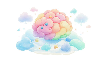 Watercolor png clipart Colorful Brain Floating on Clouds - Mental Health Concept on a transparent or white background