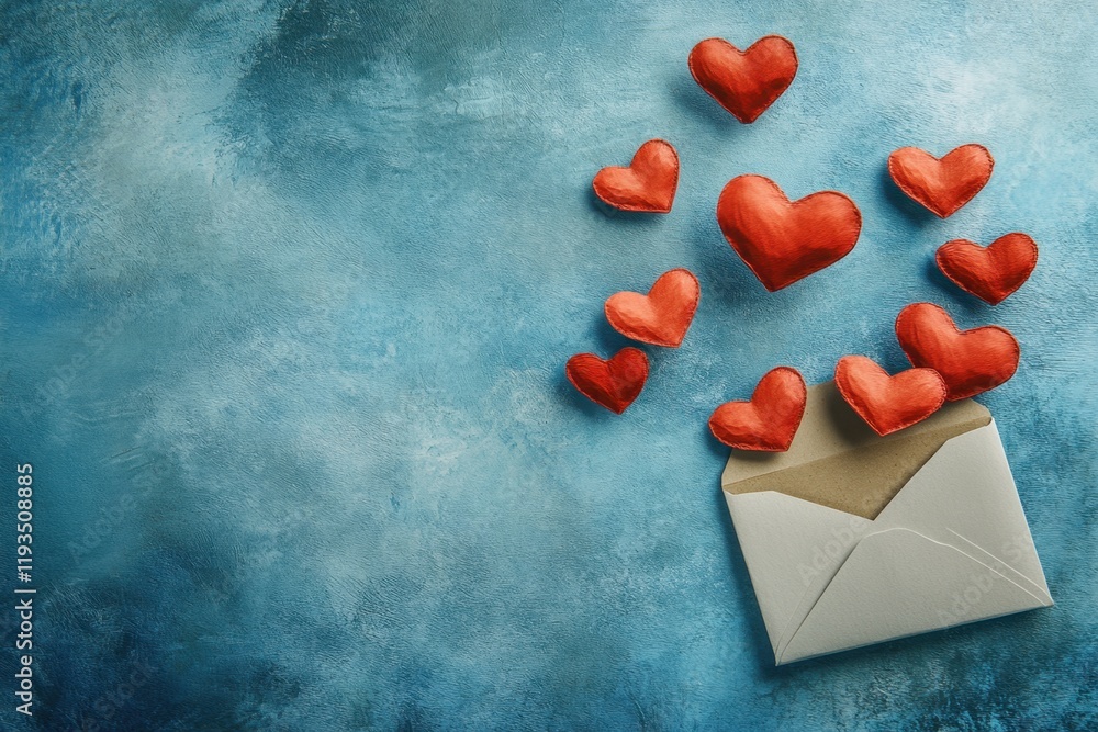 Poster valentine's day concept, flat lay of red hearts flying out from an open envelope on a light blue bac