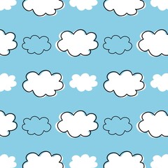 Line drawing of clouds with spots on blue background repeating raster pattern
