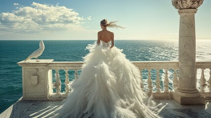 Bride in Feather Gown Overlooks Ocean Scene