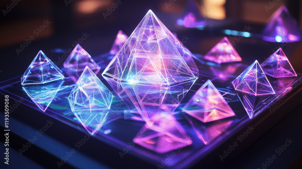 Poster hologram product development. product development made of polygons, triangles, dots, and lines. low-