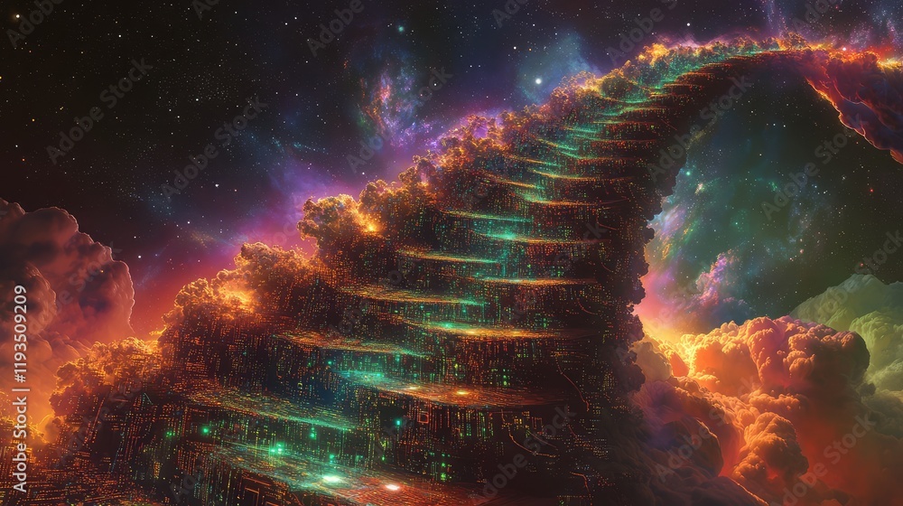 Poster artistic depiction of computing evolution with layers of glowing circuitry ascending into infinity