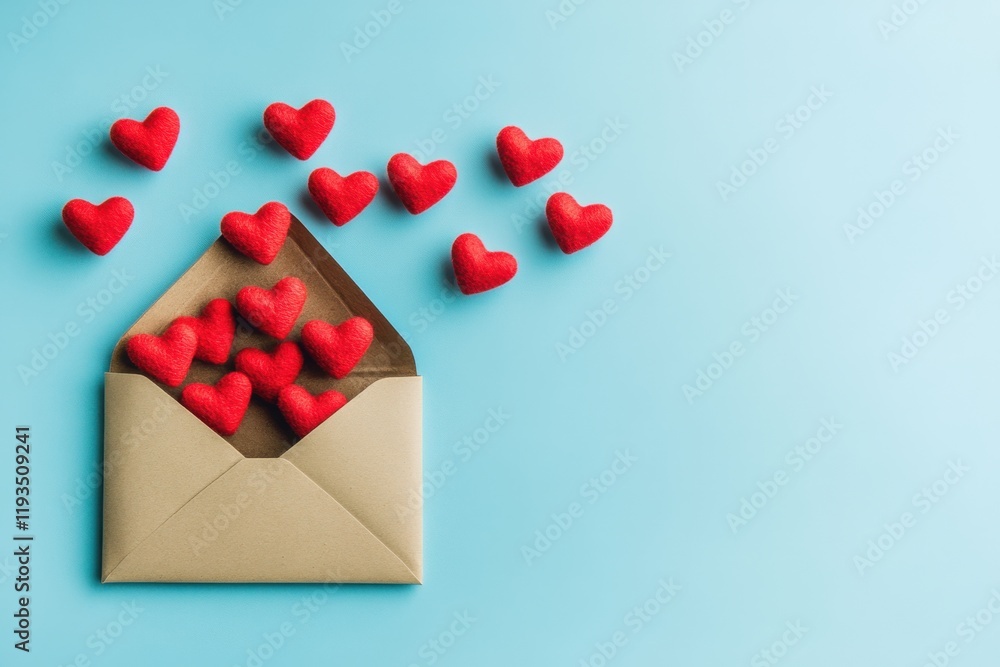 Poster red hearts flying out of an open envelope on a light blue background, in a flat lay composition gene