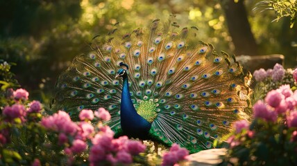 Obraz premium Vibrant peacock displays tail feathers among blooming flowers in lush garden