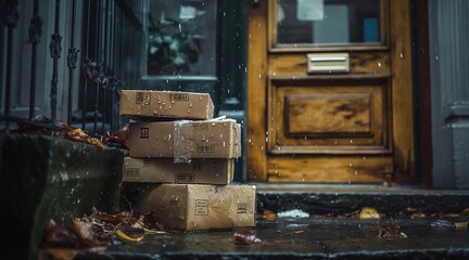 Rain-soaked Packages Left Outside a Doorstep on a Gloomy Day