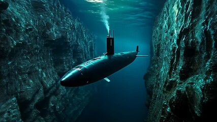 Submarine navigates deep ocean rocky canyon walls.Navy vessel explores underwater environment.Stealth military operation pictured marine seascape.Undersea navigation demonstrates technological