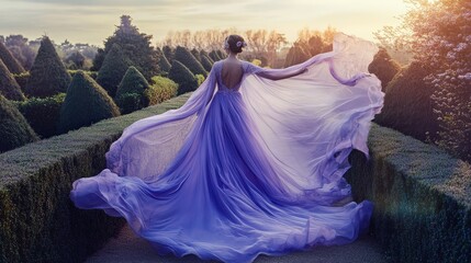 Woman in Lavender Gown Poses in Formal Garden
