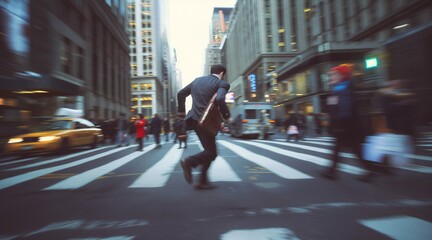 Businessman Running Across Busy City Street
