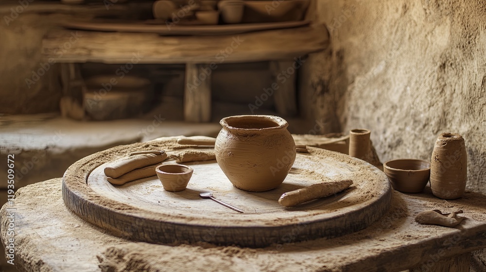 Wall mural A neatly arranged pottery wheel with tools and a half-finished clay vase