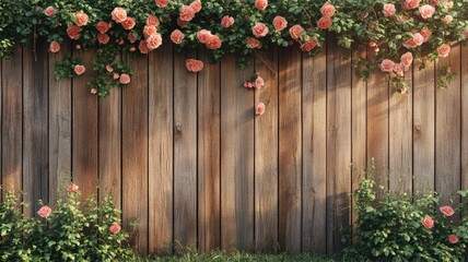 Naklejka premium Wooden fence adorned with blooming pink roses in garden setting