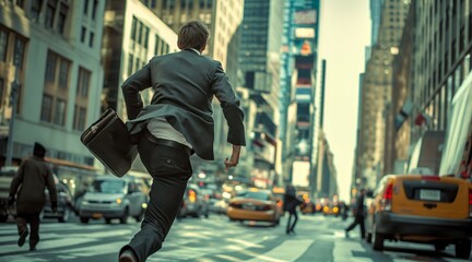 Businessman Running Through City Street with Briefcase