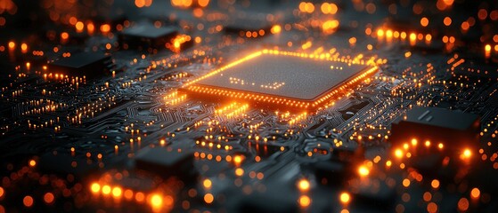 Fototapeta premium Close-up of a glowing microchip on a circuit board.