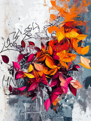 Hand drawn background of autumn orange leaves and graffiti. Abstract plant background, Street art