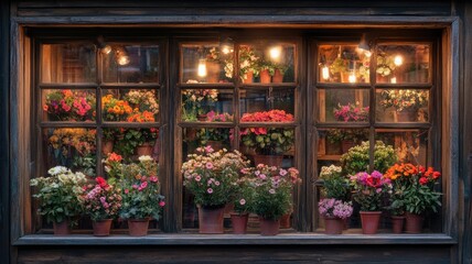 Fototapeta premium Wooden window with potted flowers under warm lighting in cozy floral shop at night