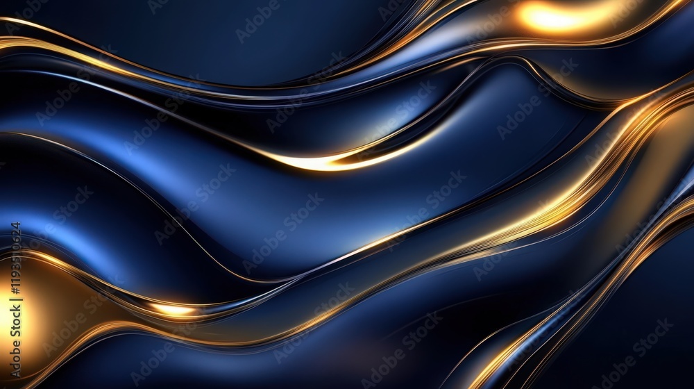 Poster abstract golden lines flowing on a dark blue background creating a fluid 3d effect