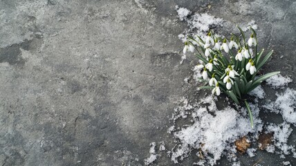 Snowdrops blooming through patches of melting snow on concrete ground