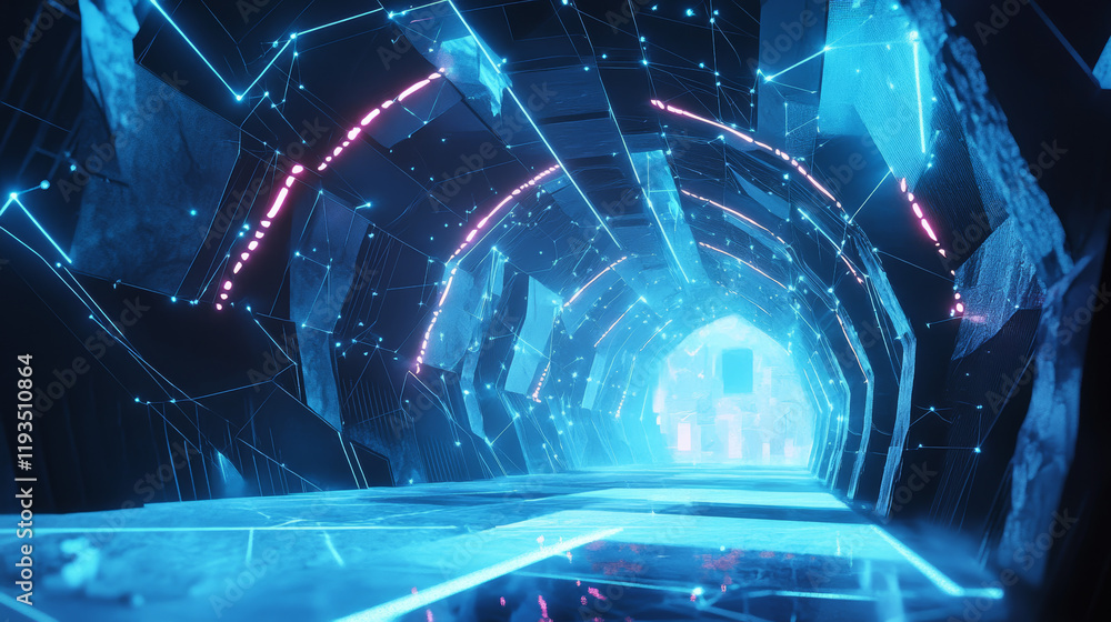 Poster hologram gaming background. the gaming background consists of polygons, triangles of dots and lines.