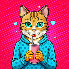 Pop Art Style Illustration of Cat Holding Coffee