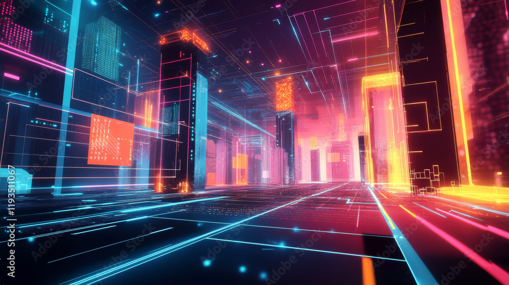 Poster hologram gaming background. the gaming background consists of polygons, triangles of dots and lines.