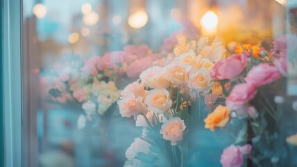 Vibrant blossoms through glass pane under soft lighting, pastel reflections enhance delicate beauty