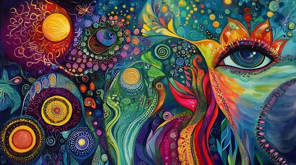 Vibrant Abstract Painting Featuring A Single Eye And Floral Designs