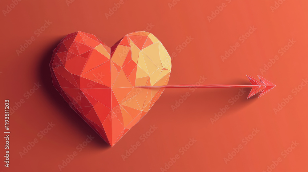 Poster a hologram of a heart with an arrow. a heart with an arrow of polygons, triangles of dots and lines.