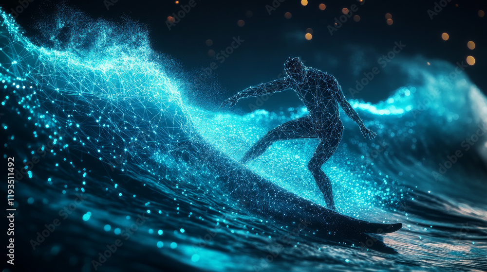 Poster hologram surfing. a surfer made of polygons, triangles of dots and lines. surfing icon low-poly conn