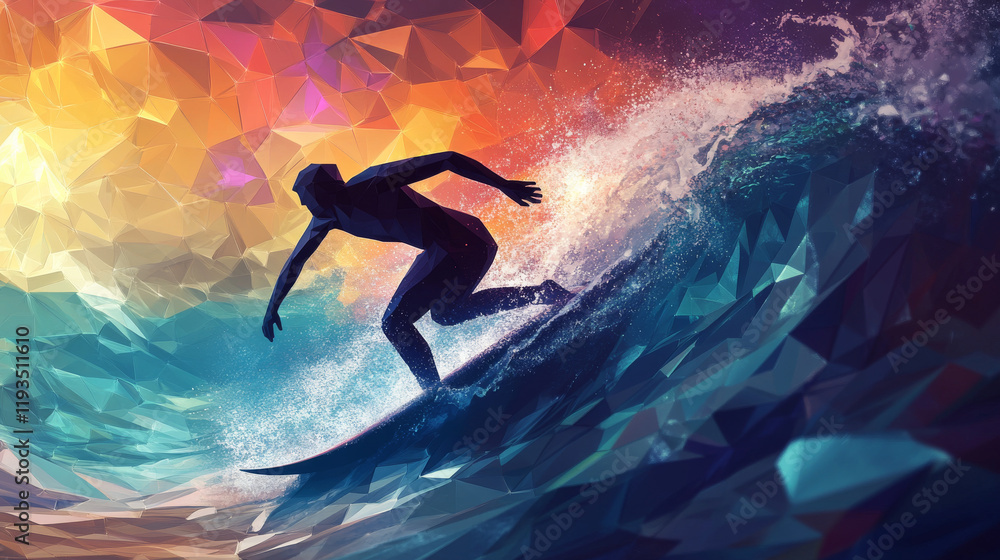 Poster hologram surfing. a surfer made of polygons, triangles of dots and lines. surfing icon low-poly conn