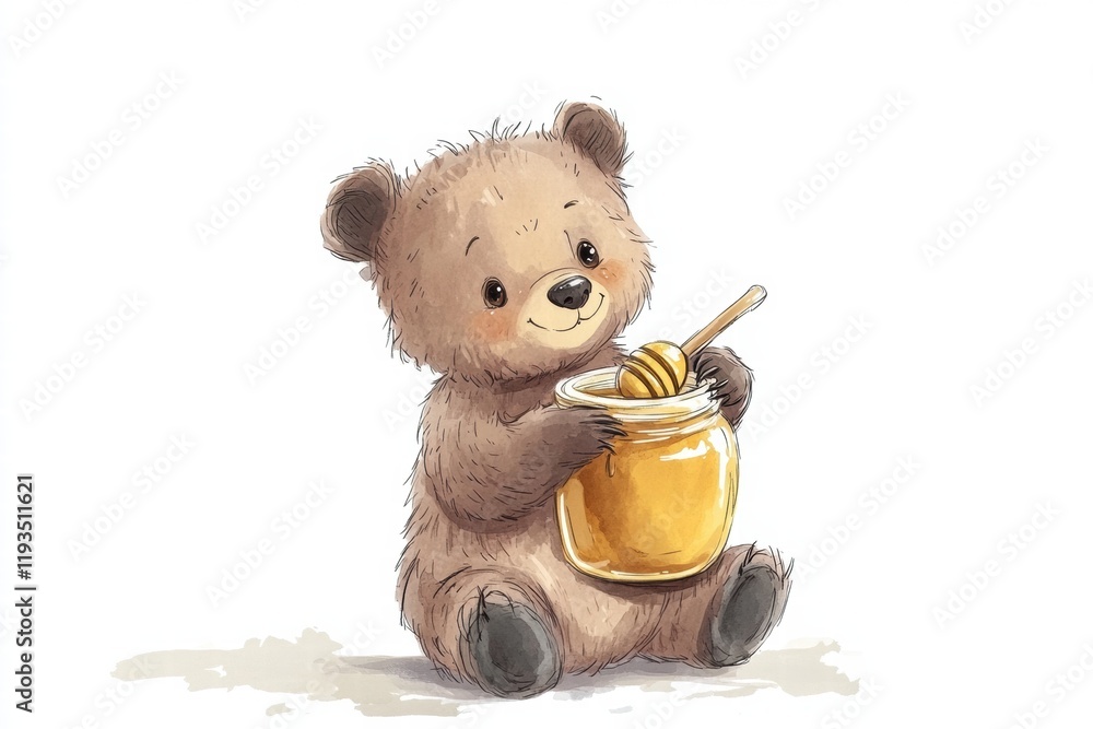 Aufkleber cute illustrated bear enjoying honey from a jar in a sunny setting with a playful atmosphere. genera