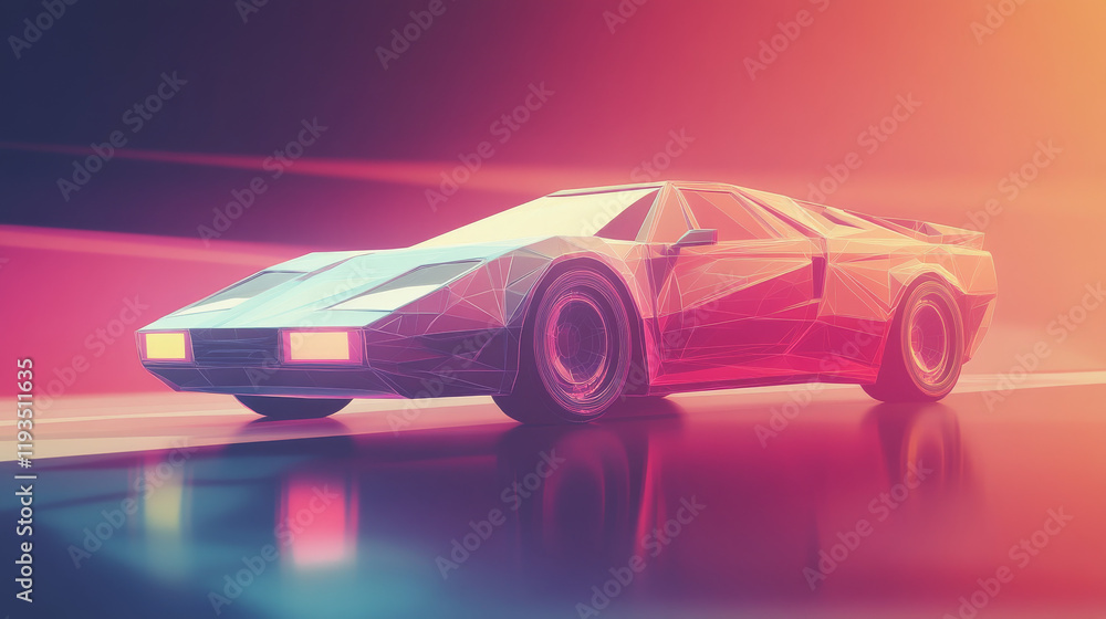 Poster a hologram of a car. a car made of polygons, triangles of dots and lines. the car has a low-poly con