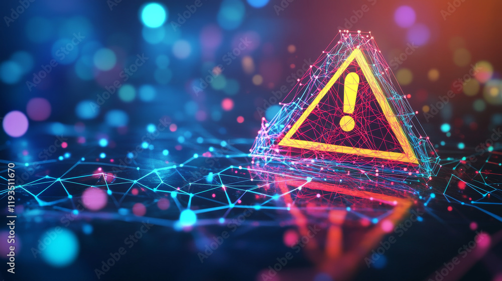 Poster the hologram is a wet floor sign. a wet floor sign made of polygons, triangles of dots and lines. we