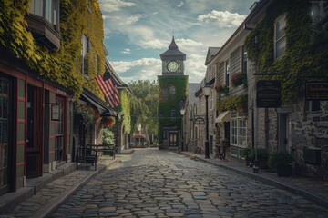 Fototapeta premium A charming cobblestone street lined with ivy-covered buildings and a clock tower under a cloudy sky.