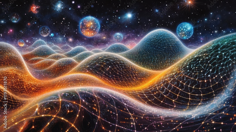 Poster artistic depiction of quantum entanglement fields forming intricate, glowing wave patterns in space