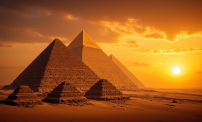 Golden sunrise over ancient pyramids