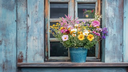 Fototapeta premium Vibrant flowers in blue pot on rustic window sill of weathered wooden house