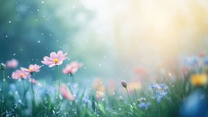 Blooming wildflowers in meadow with soft sunlight and falling petals