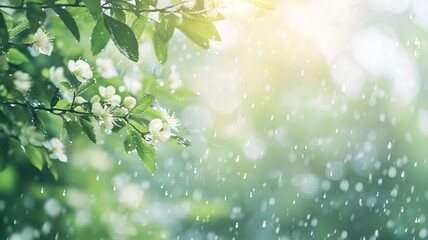 Obraz premium Beautiful blooming flowers in rainfall, green leaves, and bright light