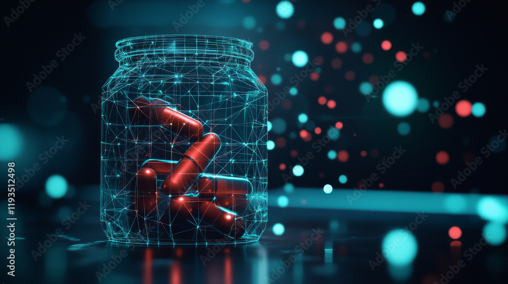 Poster a hologram of a pill. tablets in a jar made of polygons, triangles of dots and lines. the pills are 