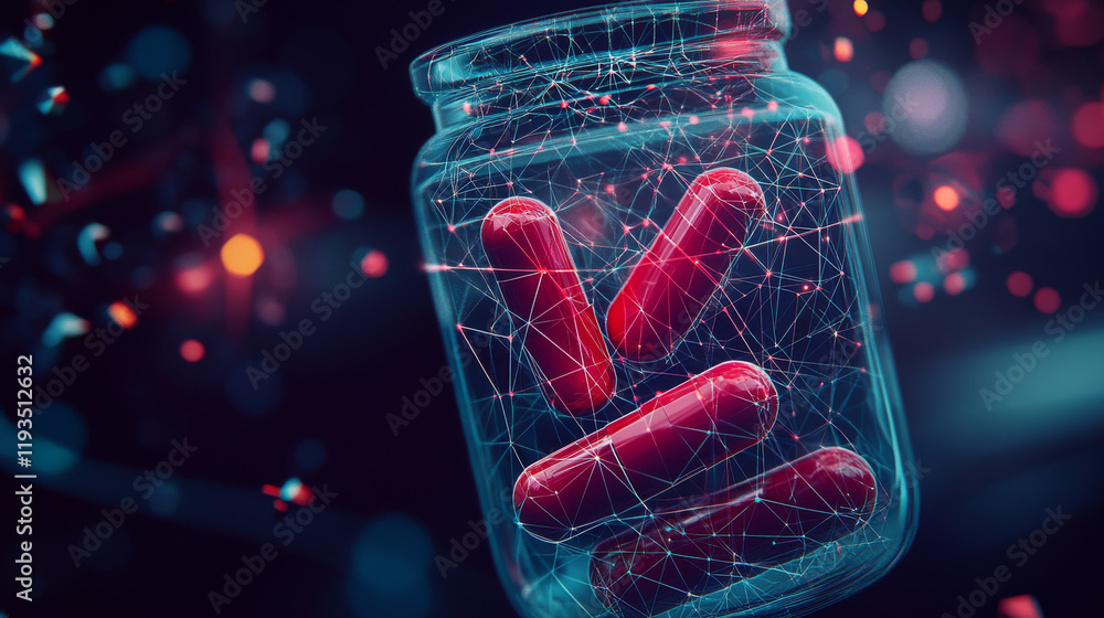 Aufkleber a hologram of a pill. tablets in a jar made of polygons, triangles of dots and lines. the pills are 